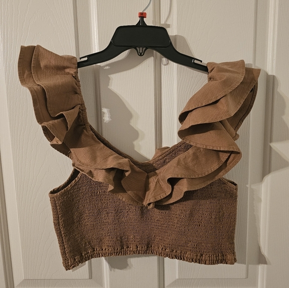Anthropologie Maeve Women's Smocked Neck Brown Neutral Ruffle Cropped Top Sze 12 - Picture 1 of 5
